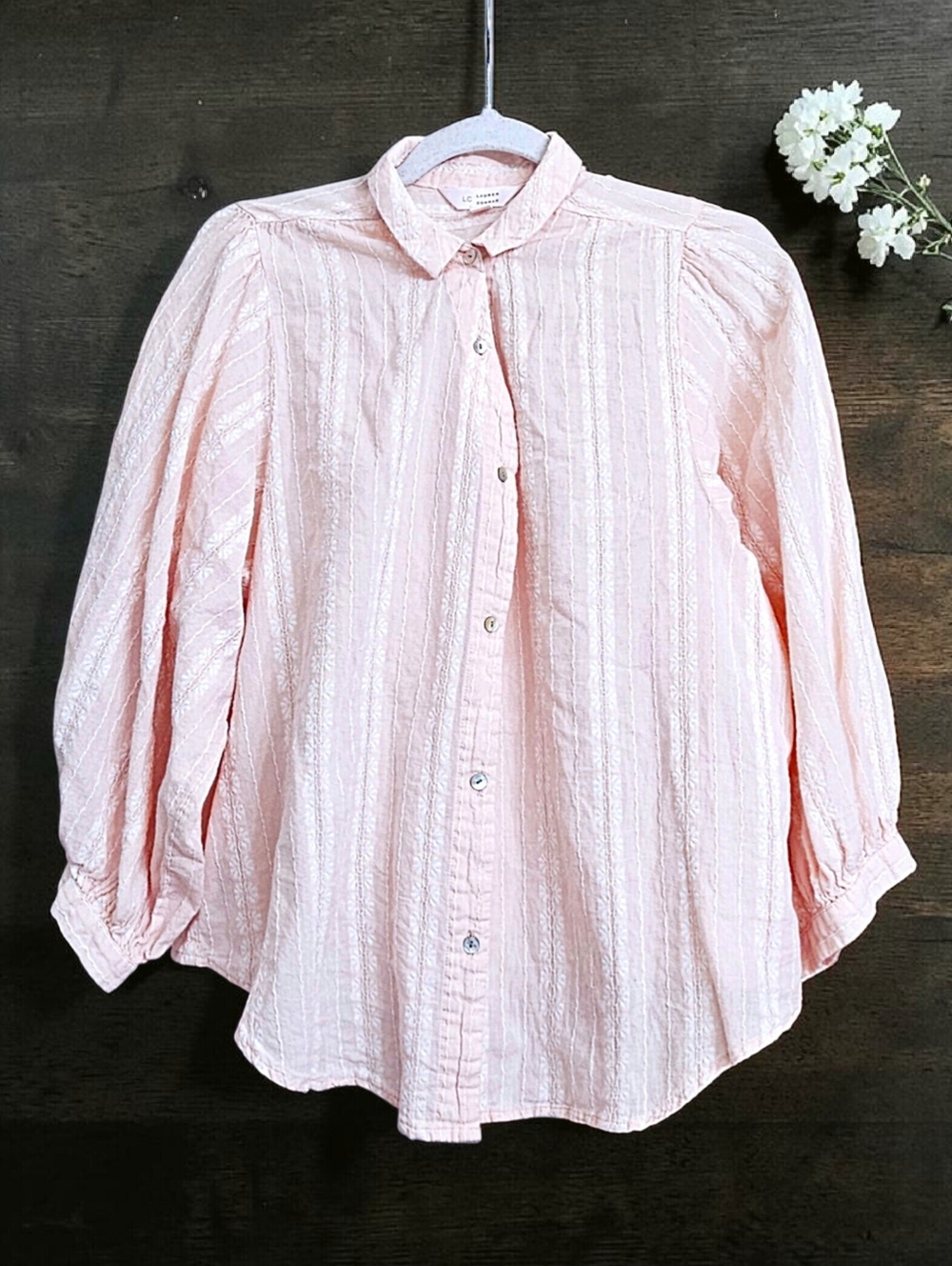LC Lauren Conrad Peachy Pink Button Front Puff Sleeve Embroidered Blouse Large